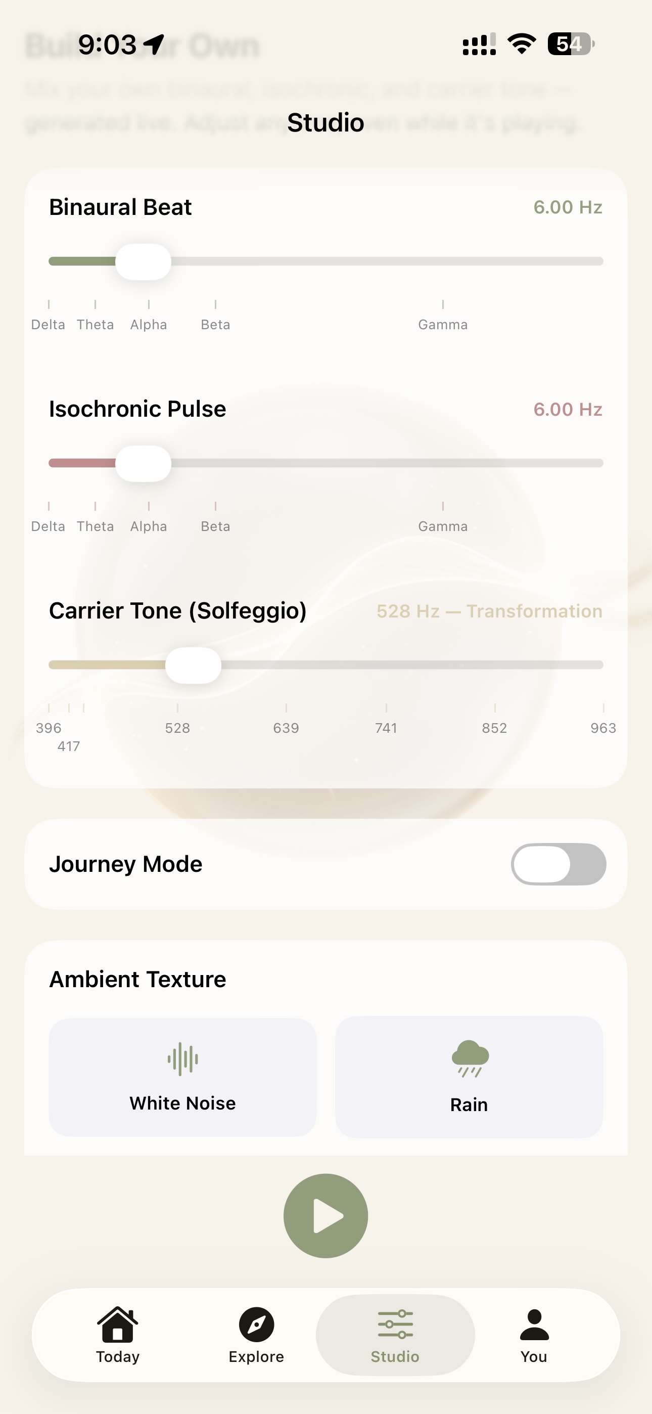 The Alterstate Studio with adjustable binaural beats, isochronic pulses, carrier tones, and ambient sounds